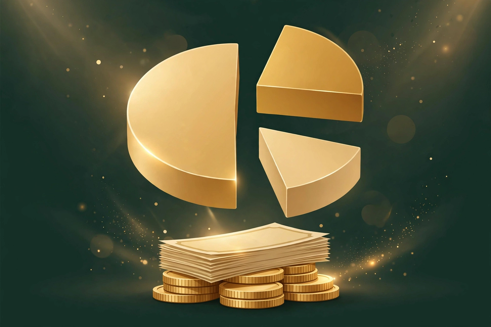 Golden pie chart splitting money into three parts