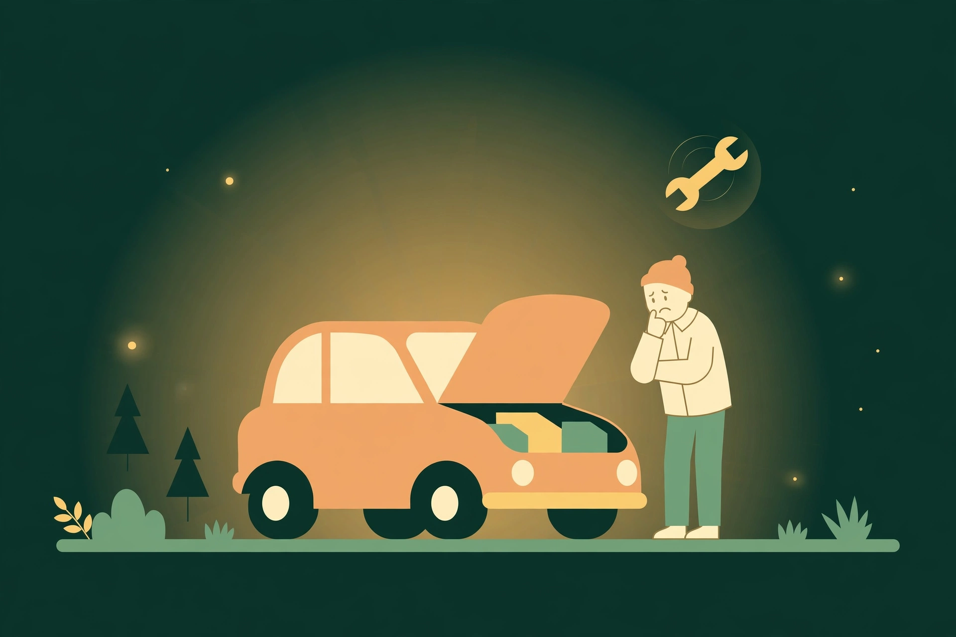 Illustration of a car broken down on the roadside at night with a worried driver