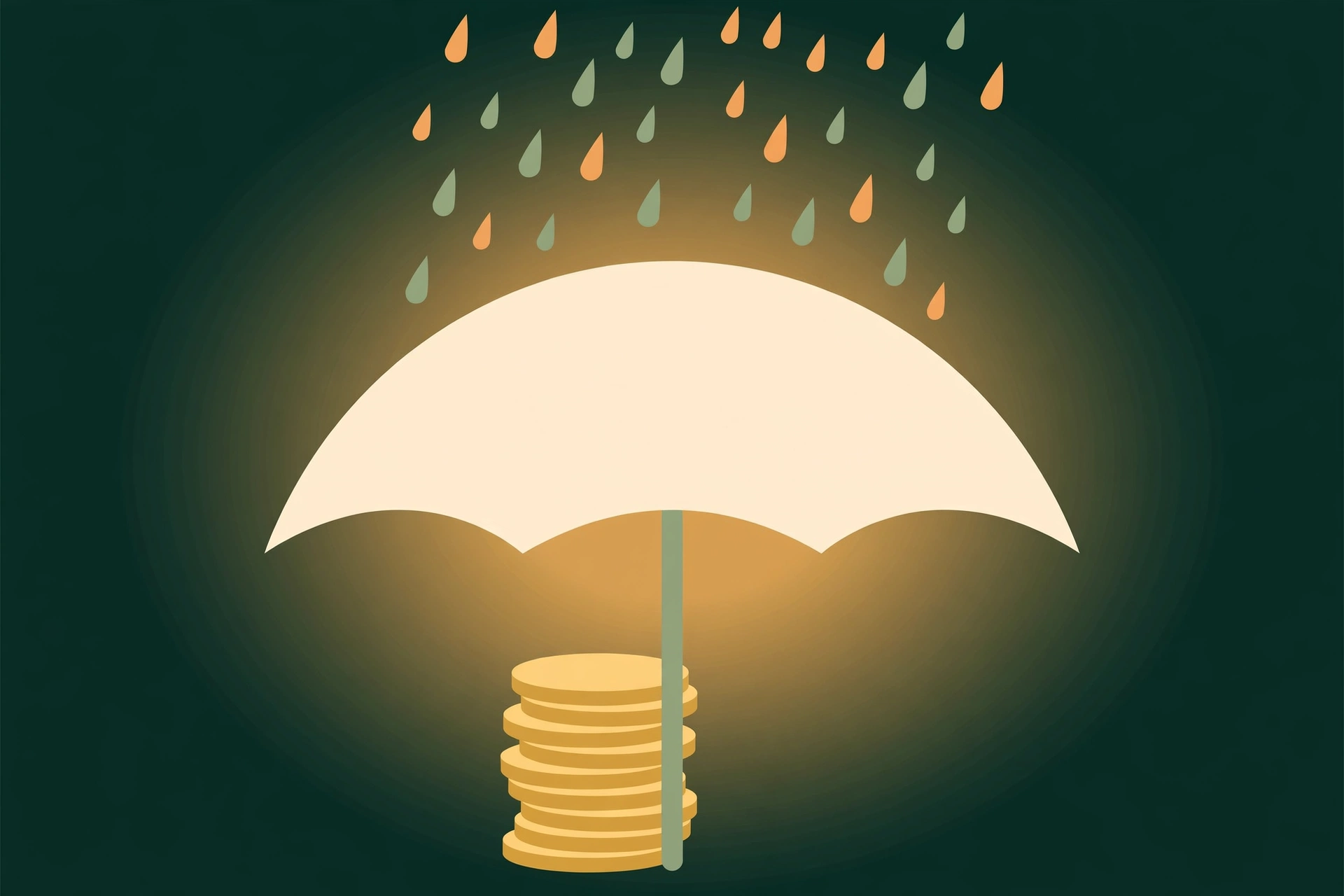 Illustration of an umbrella protecting a stack of gold coins from rain