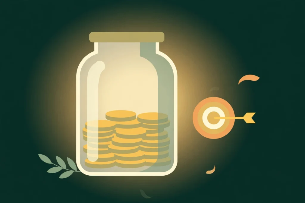 Illustration of a glass savings jar filling with gold coins next to a target