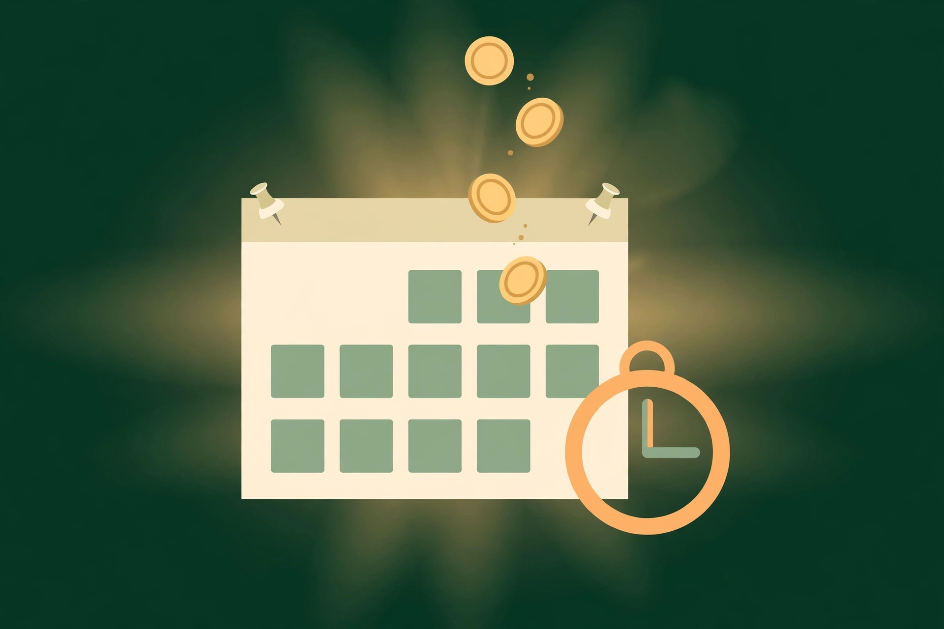 Illustration of gold coins dropping onto a calendar with a clock