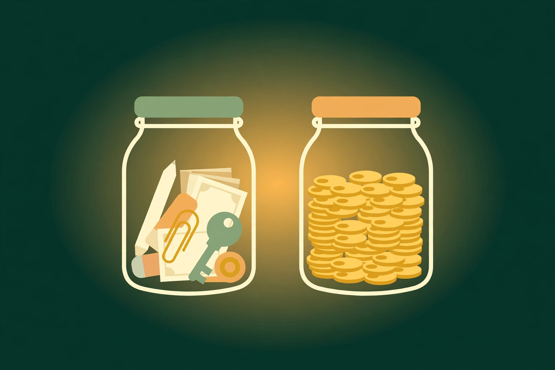 Illustration of two separate jars, one with everyday items and one with gold coins