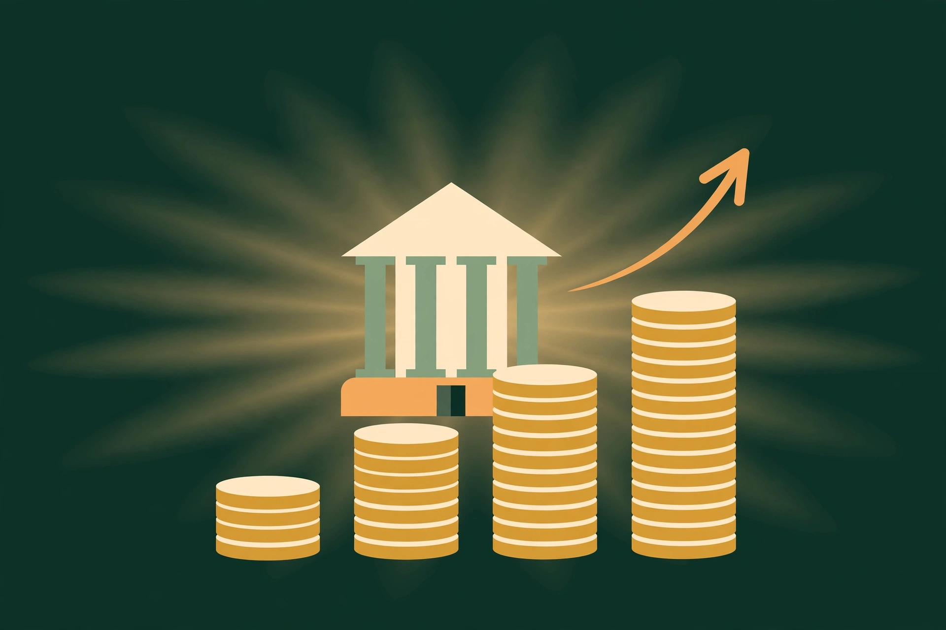 Illustration of a bank building with growing stacks of gold coins and an upward arrow