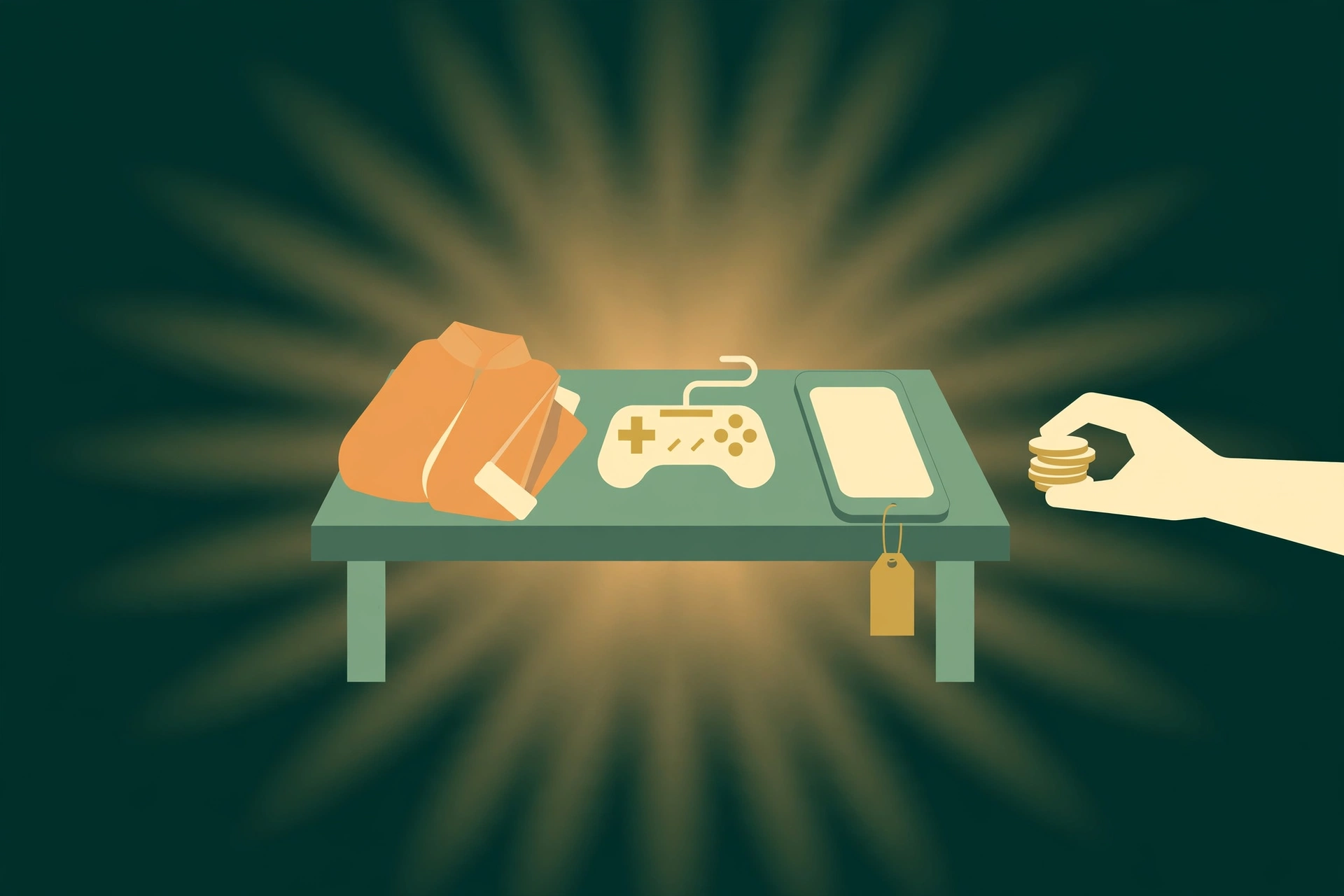 Illustration of a yard sale table with a jacket, game controller, and phone for sale