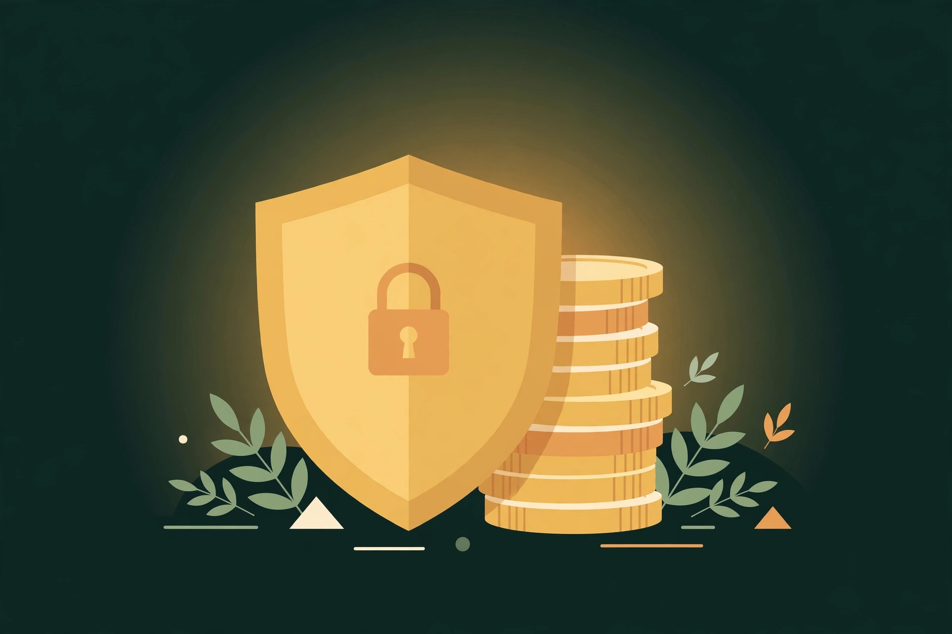 Illustration of a golden shield with a lock protecting a stack of gold coins
