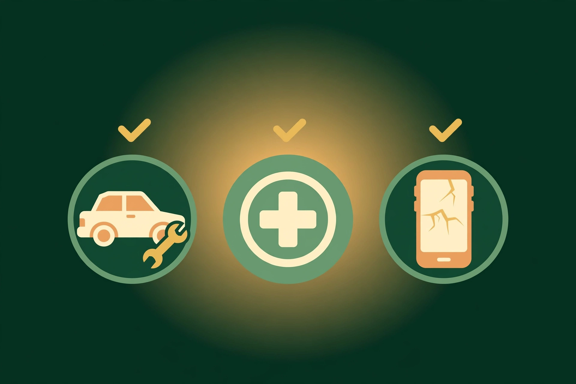 Illustration of car repair, medical, and broken phone icons with checkmarks