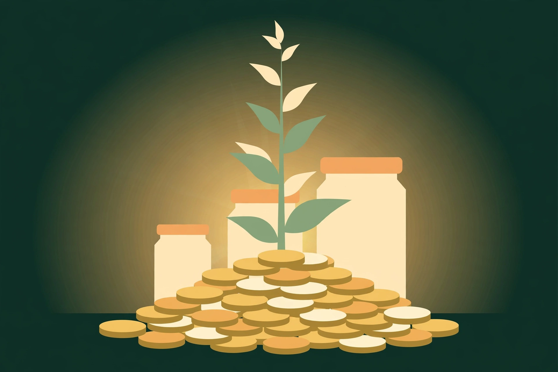 Illustration of a plant growing from a pile of gold coins with larger jars behind