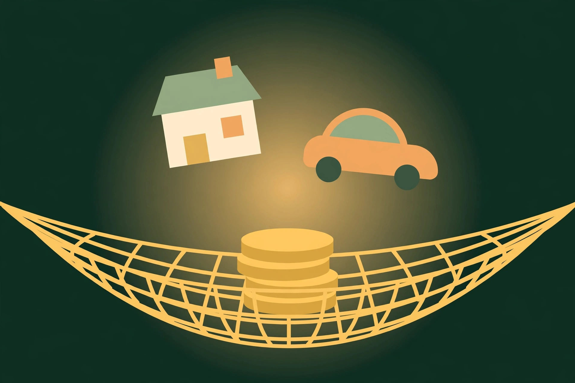 Illustration of a golden safety net holding gold coins with a house and car above