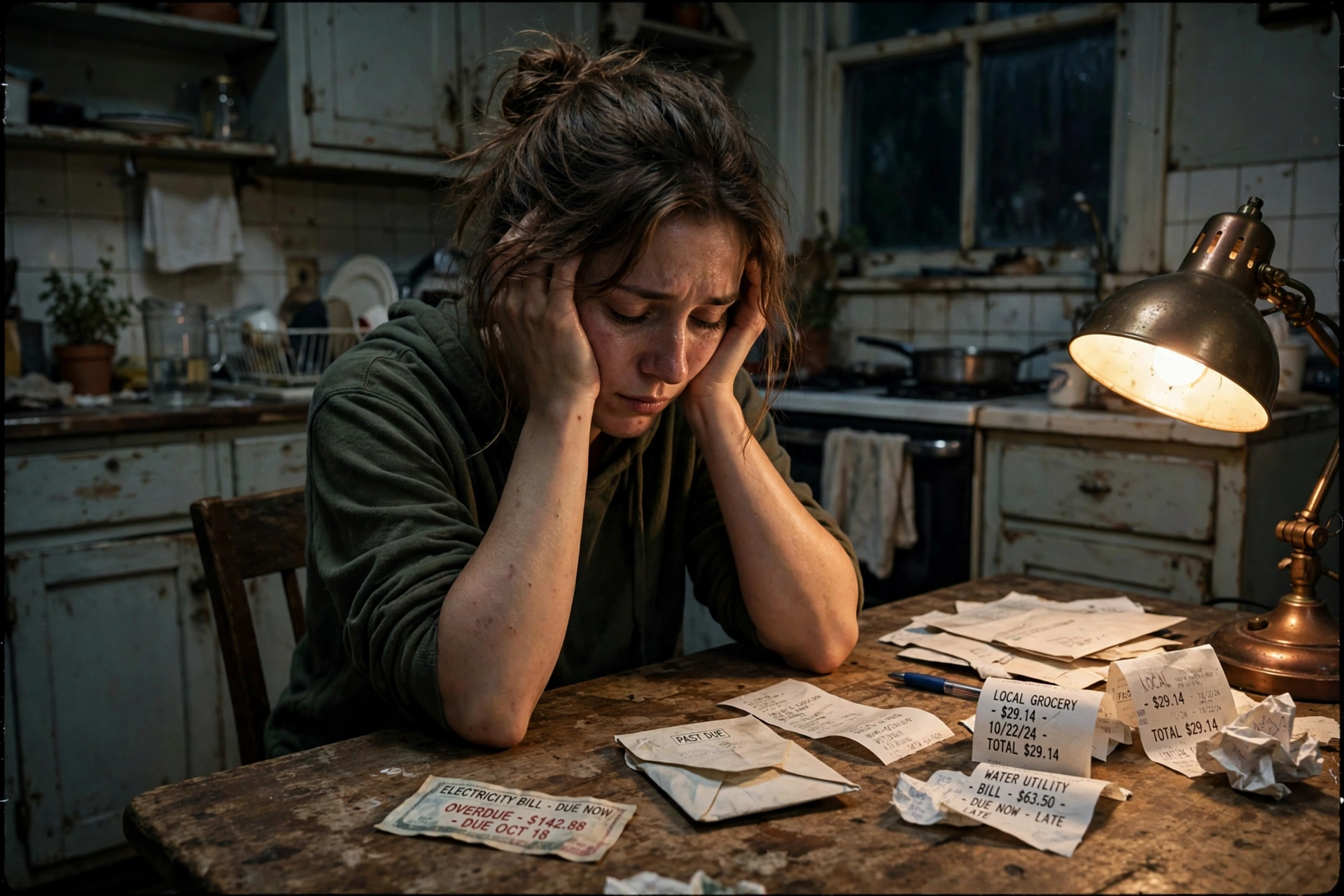 Photorealistic photo of an exhausted woman at night surrounded by overdue bills at her kitchen table