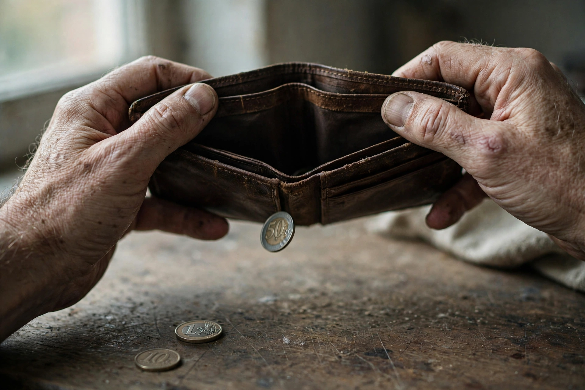 Photorealistic close-up of weathered hands holding an open empty wallet with last coins slipping out