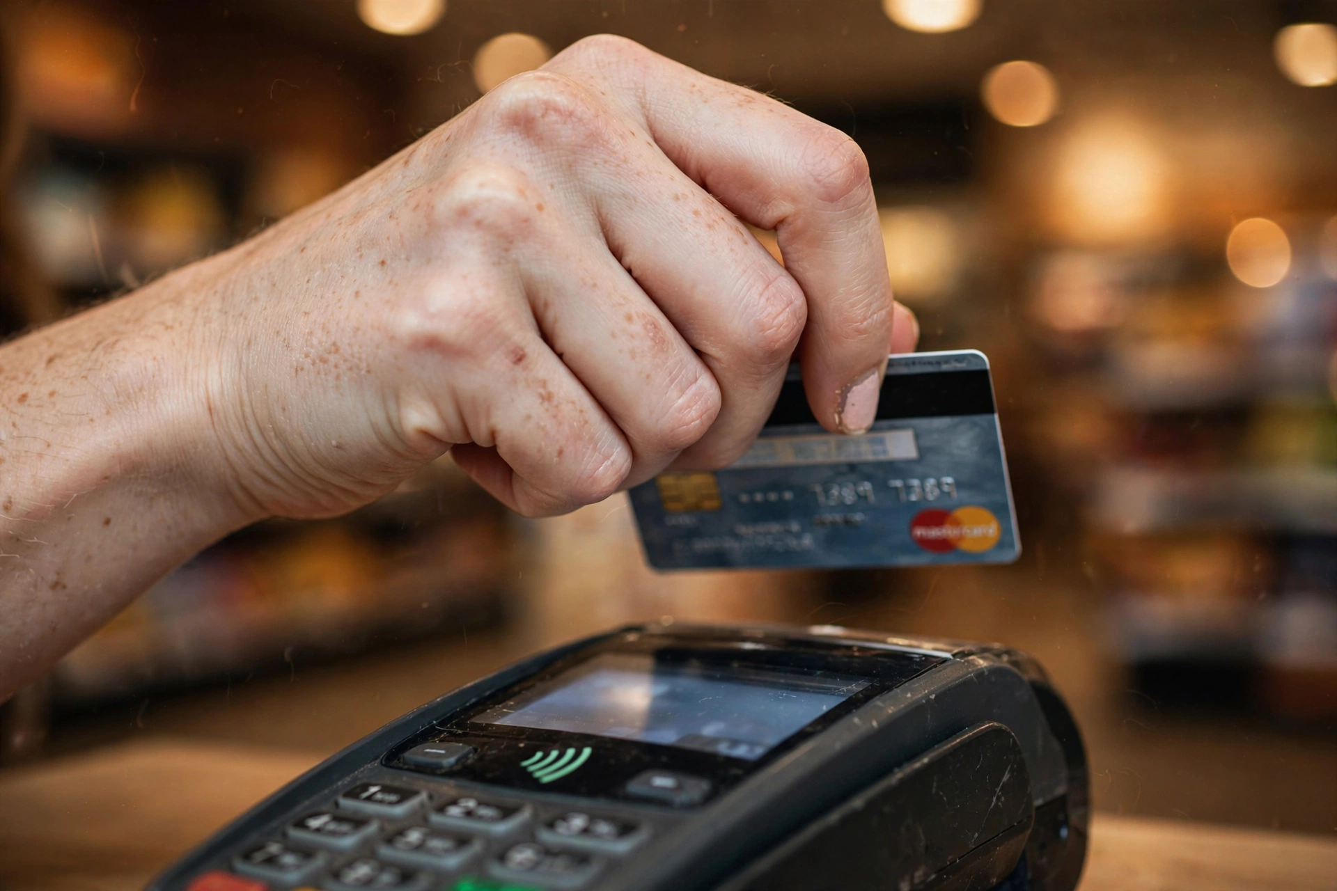 Photorealistic close-up of a tense hand hesitating with a credit card at a store checkout