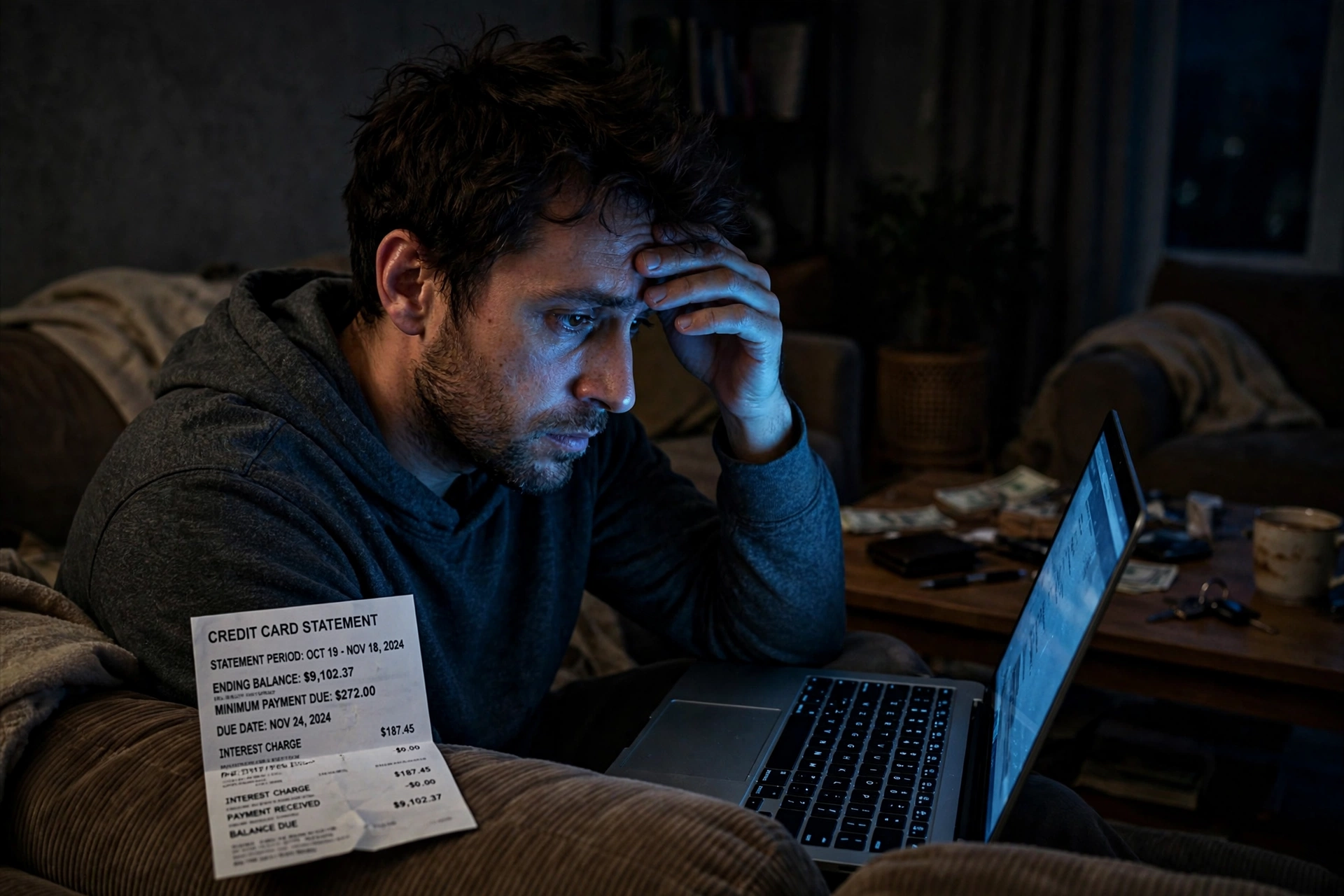 Photorealistic photo of a stressed man staring at his laptop screen glowing on his face late at night