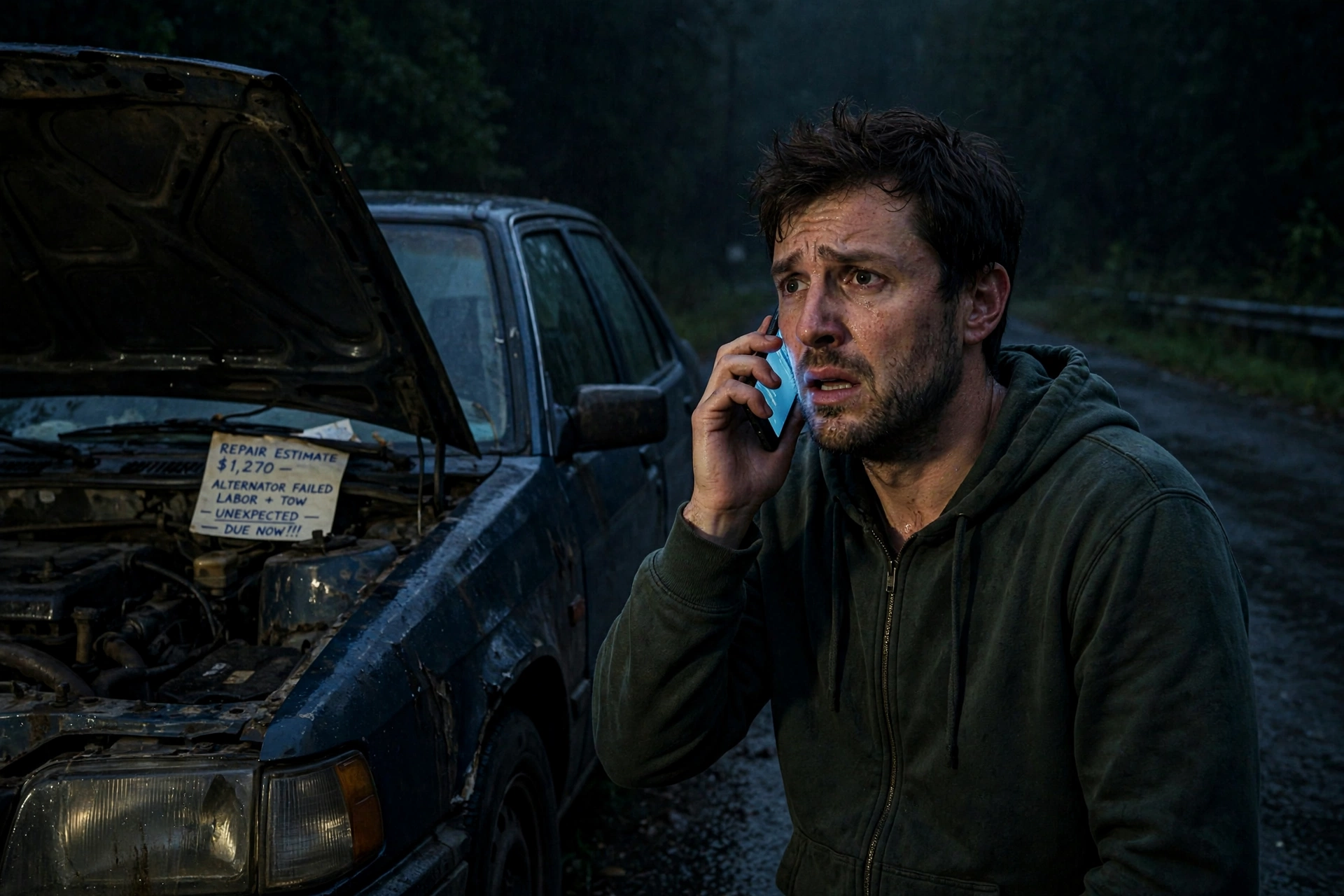 Photorealistic photo of a worried driver at night beside his broken-down car on a dark roadside