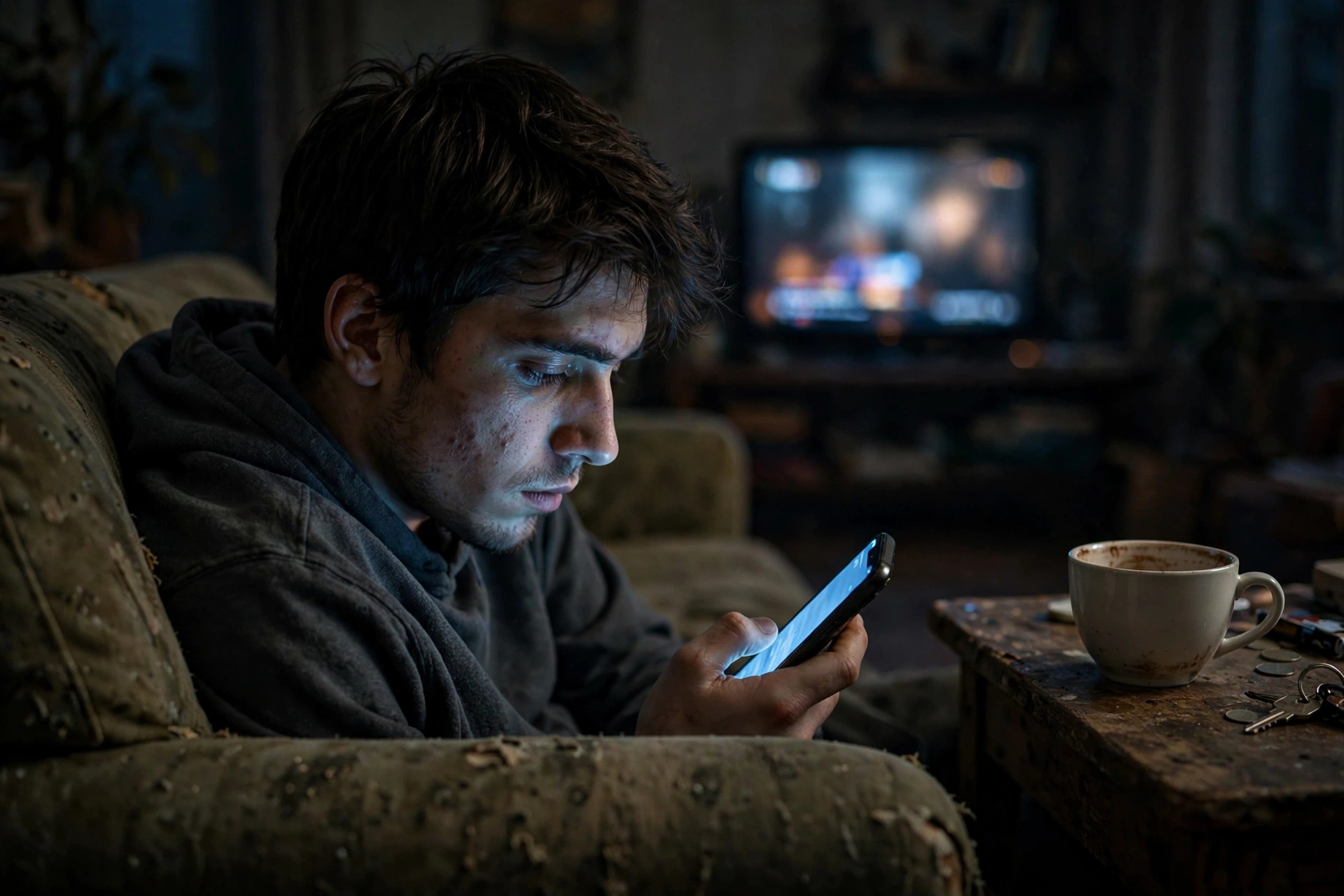 Photorealistic photo of a numb young man mindlessly scrolling his glowing phone on the couch at night