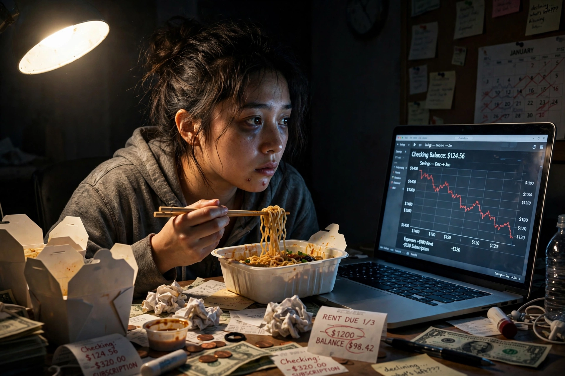 Photorealistic photo of an exhausted woman eating takeout alone at her desk past midnight
