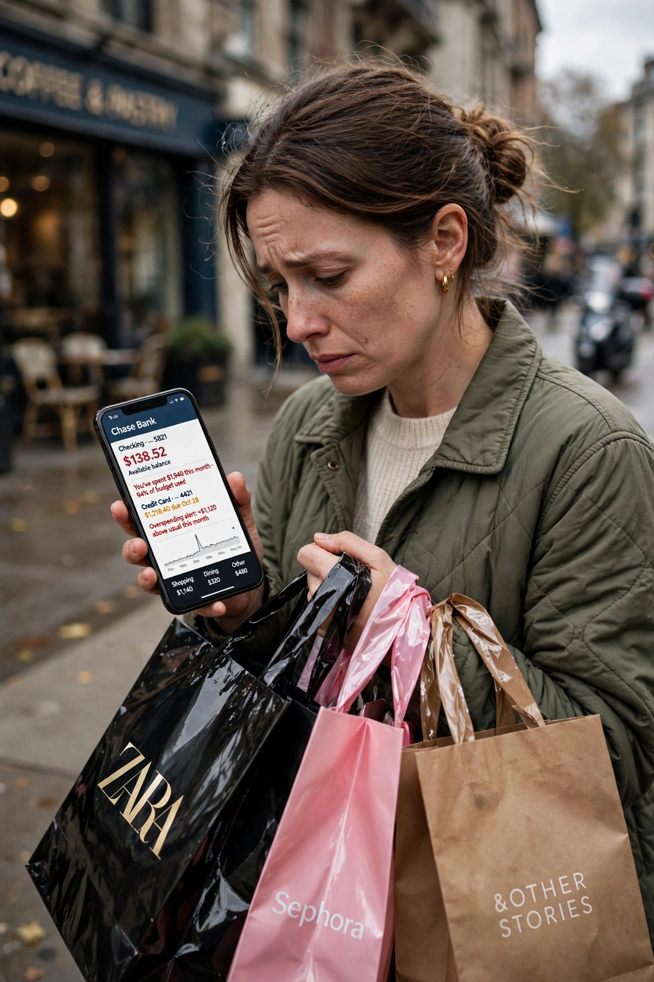 Photorealistic photo of a woman with shopping bags anxiously checking her bank app on the sidewalk