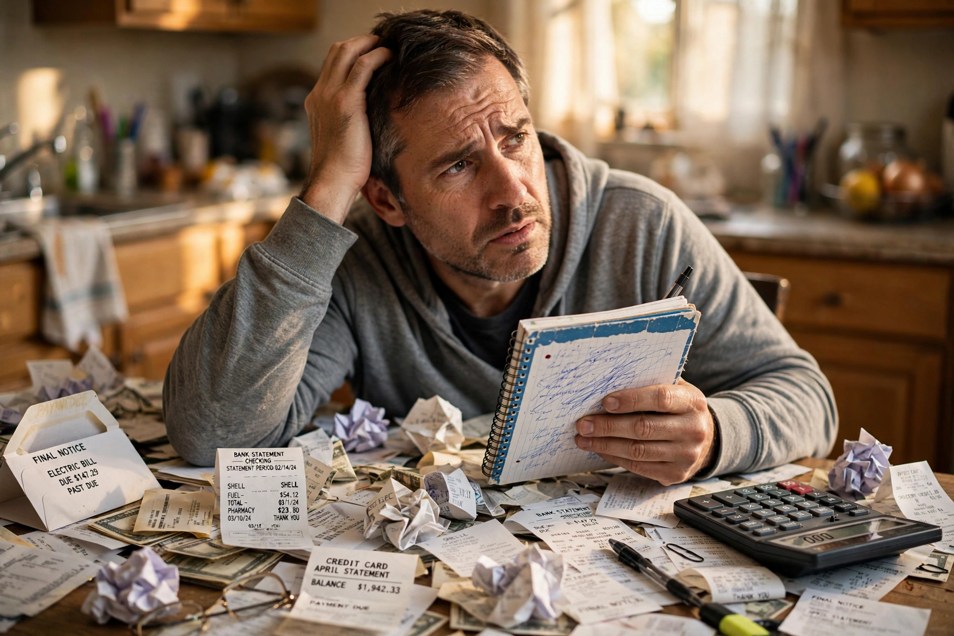 Photorealistic photo of a confused man surrounded by crumpled receipts holding a notebook
