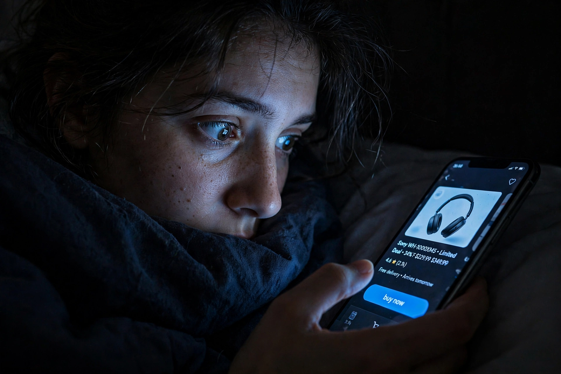 Photorealistic photo of a woman in dark bedroom, face lit by phone, thumb hovering over a buy-now button