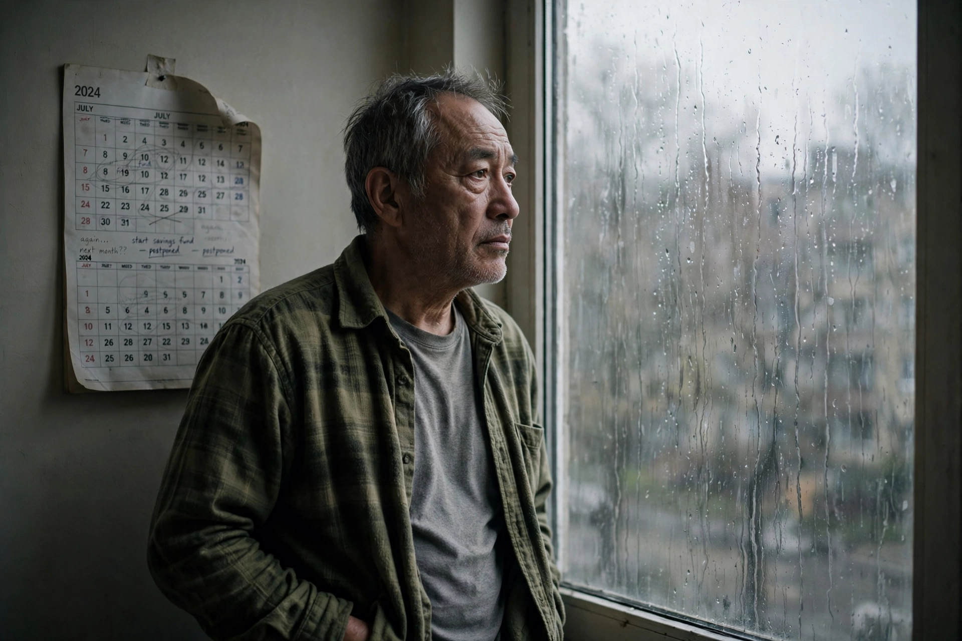 Photorealistic photo of an older man gazing wistfully out a rain-streaked window