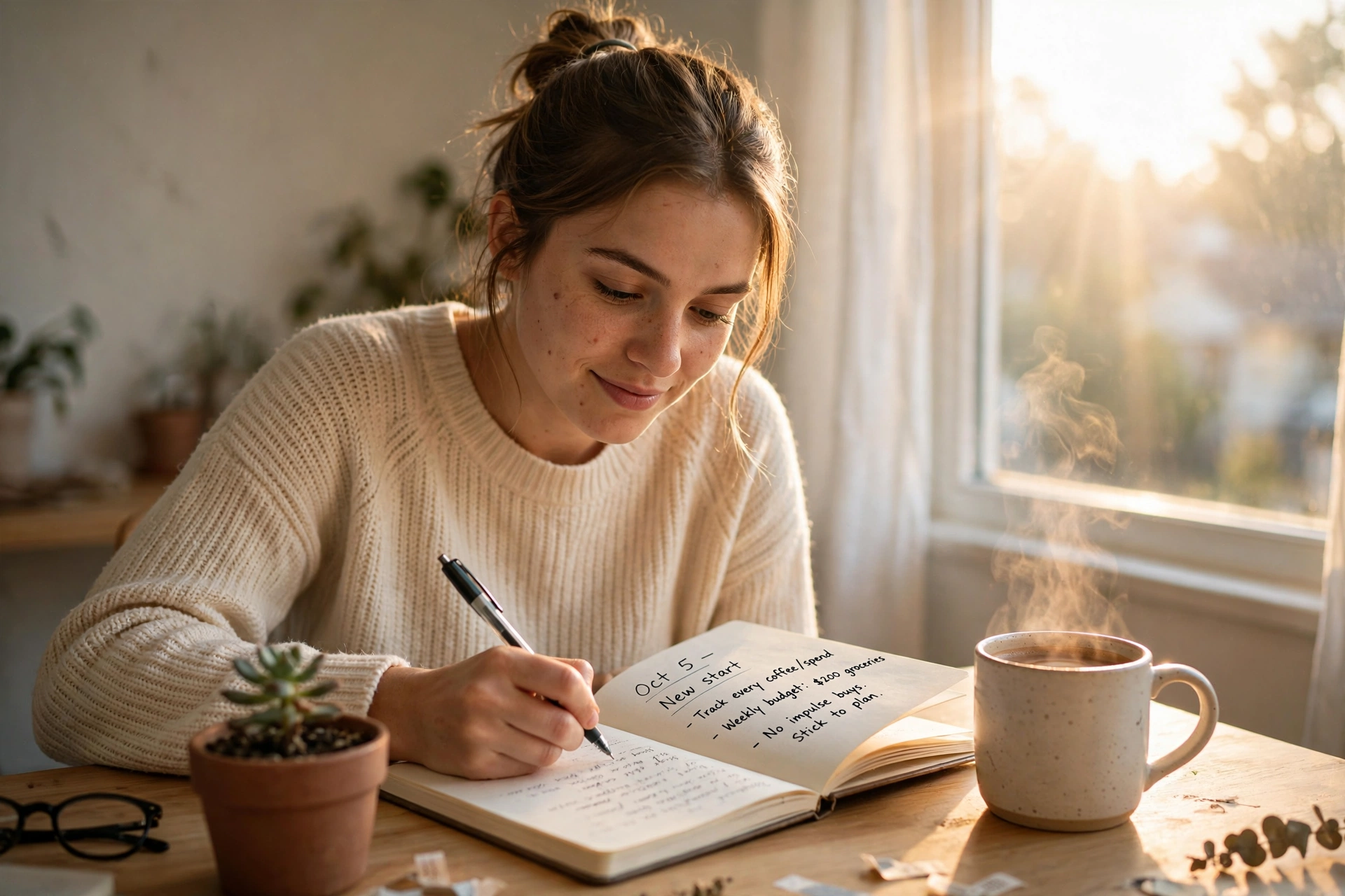Photorealistic photo of a calm woman writing in a journal at sunrise with coffee, hopeful fresh start