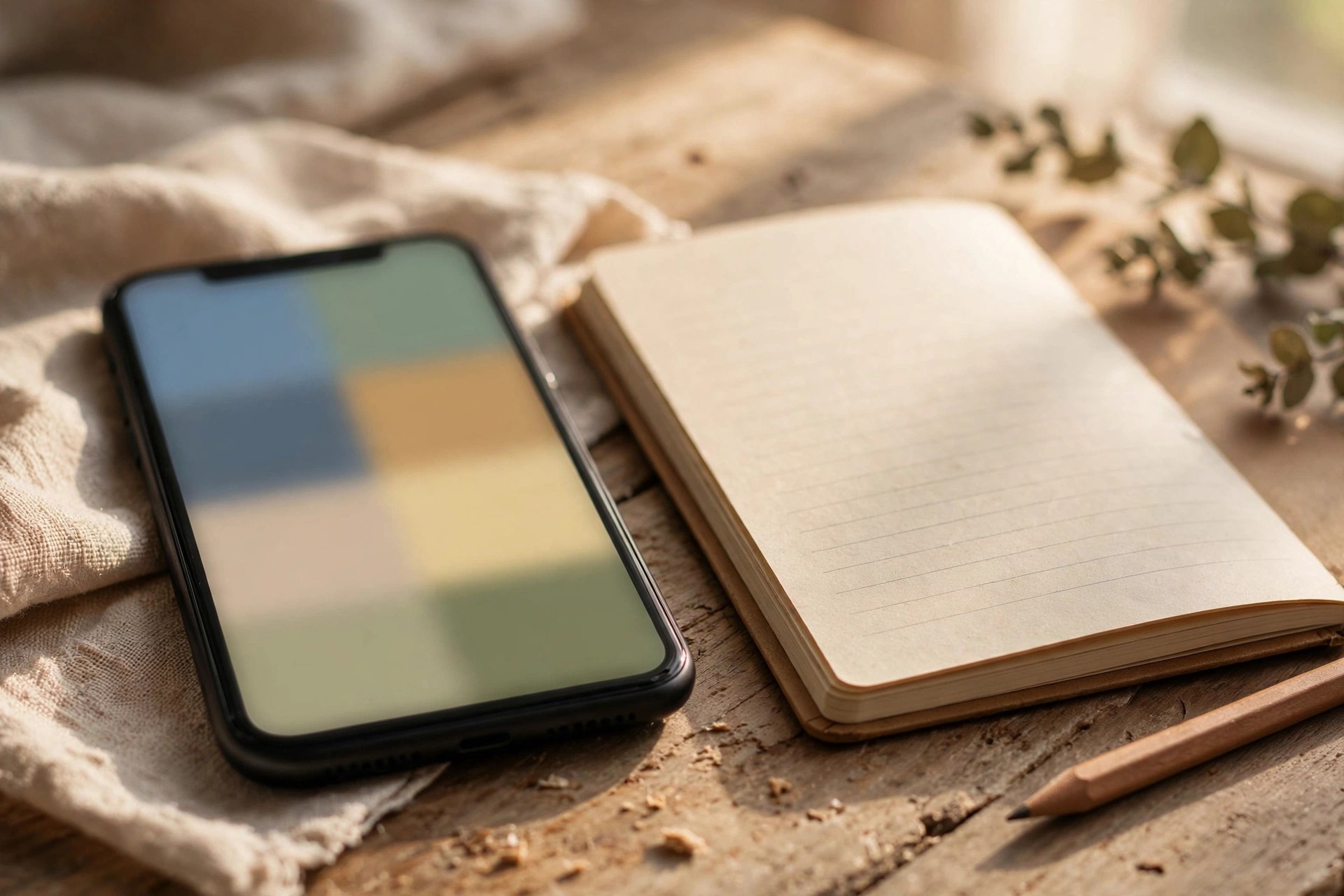 Phone with a blurred generic budget screen lying on a desk next to an open notebook and pencil.