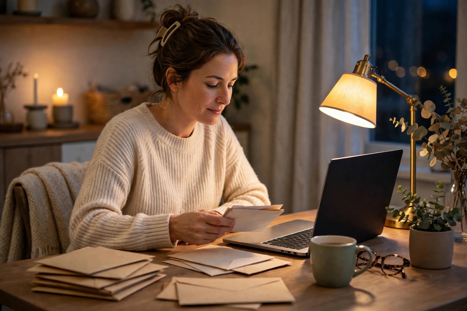 Woman calmly sorting bill envelopes at a table in the evening with a laptop and warm lamp light.