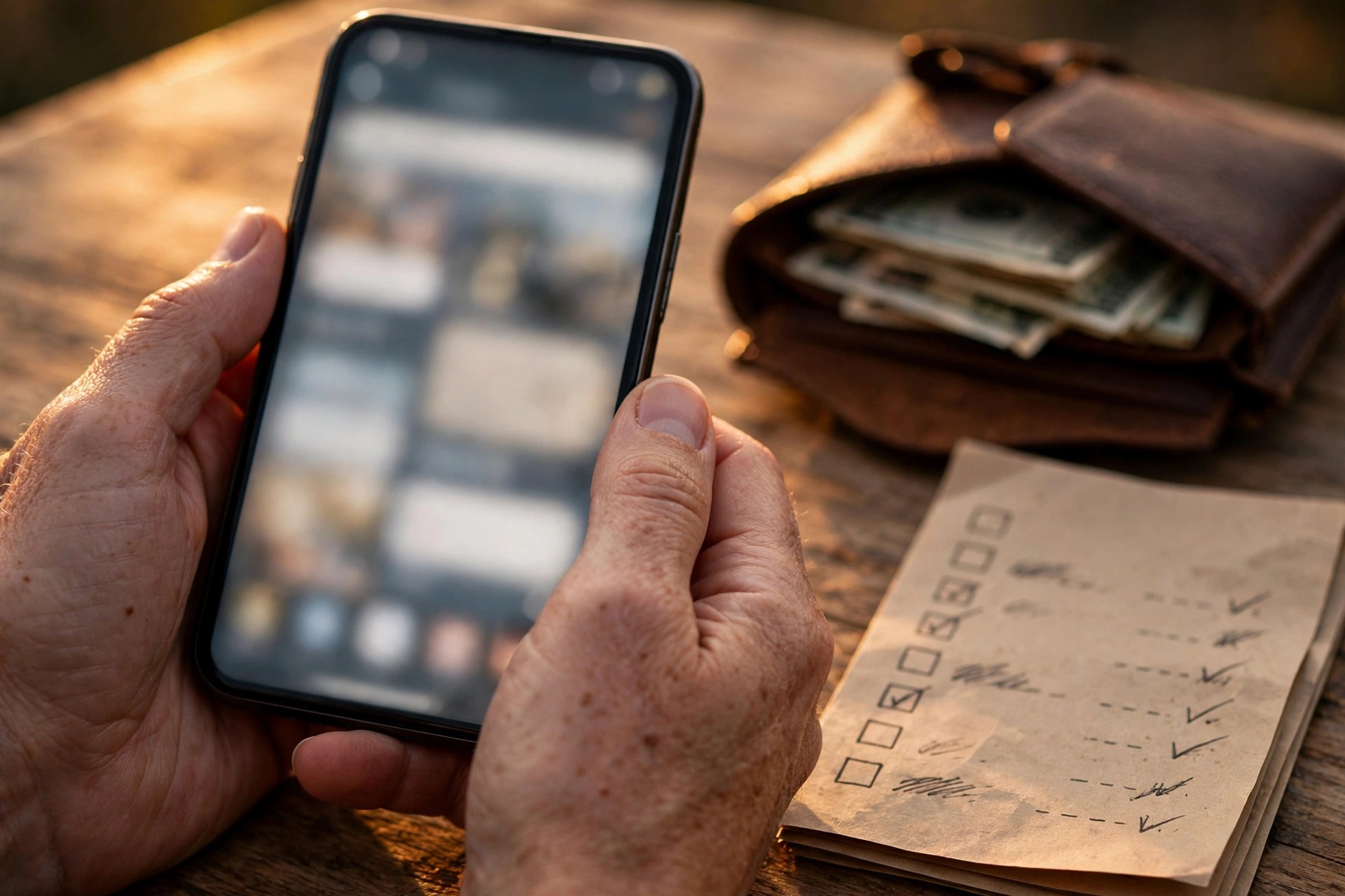 Hands holding a phone with a blurred shopping screen next to a wallet with cash and a handwritten shopping list