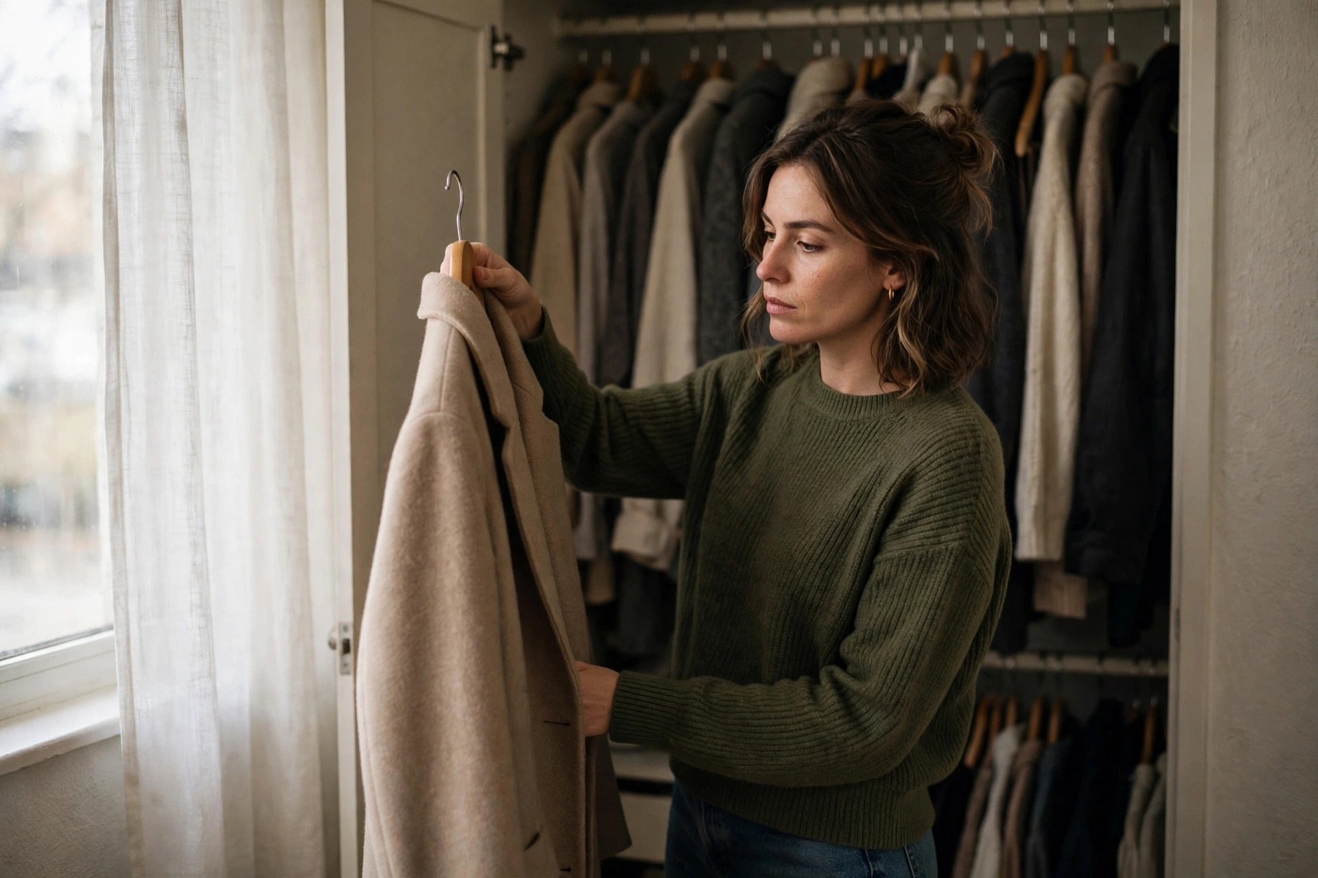 Woman holding up a coat on a hanger in front of an open closet, deciding whether it is worth the price