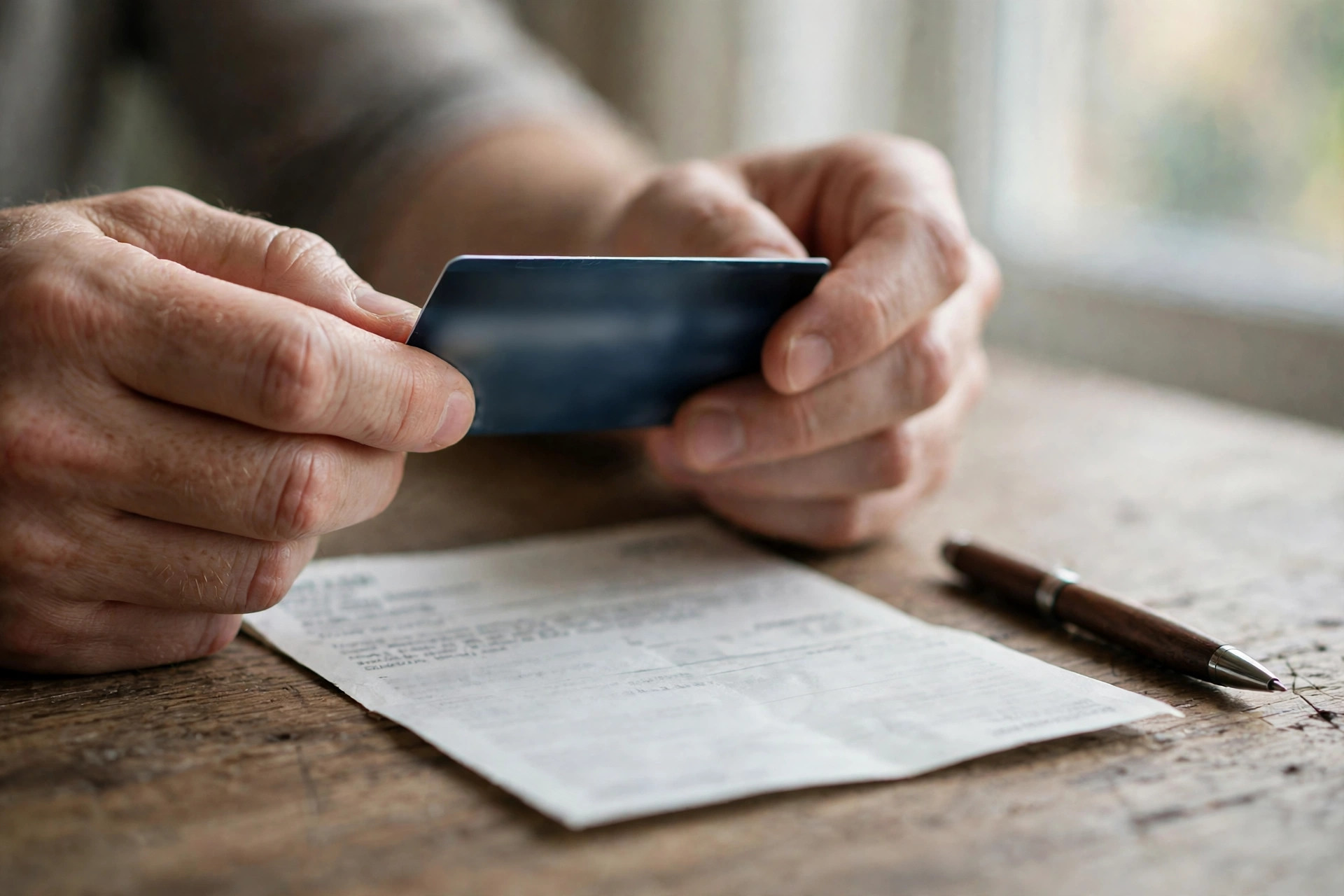 Hands holding a blank credit card over a blurred bill statement and a pen on a wooden table