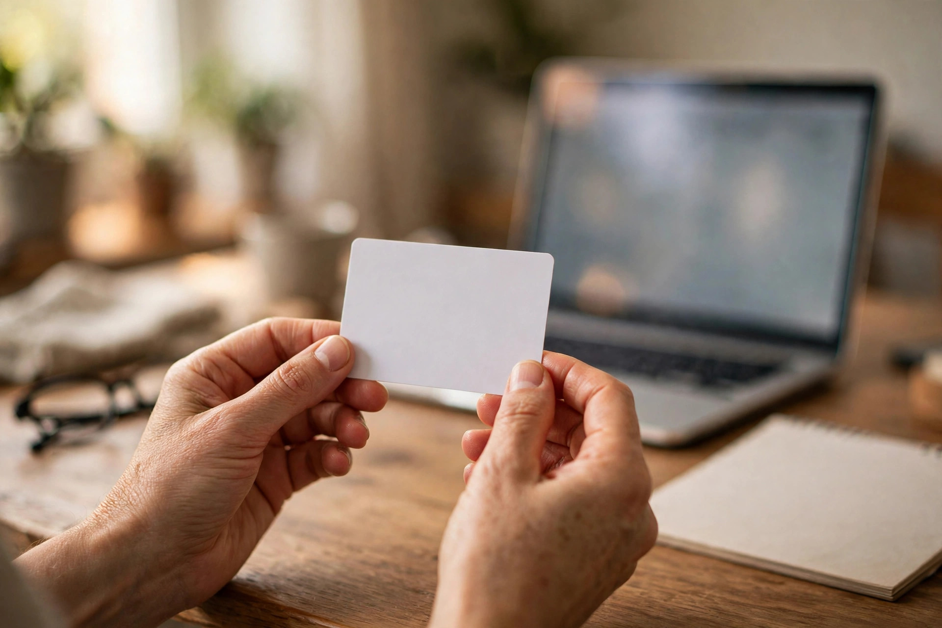 Hands holding a blank card over a wooden desk with a laptop showing a blurred screen and a notebook