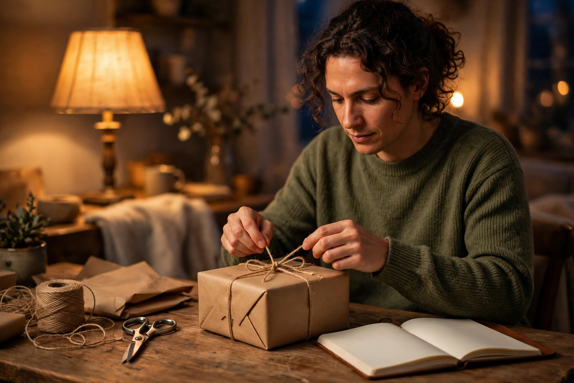 Person wrapping a gift in brown paper with twine at a table with scissors and a notebook, warm evening lamp light