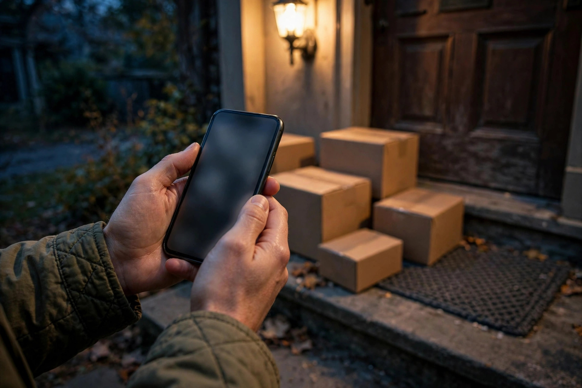 Hands holding a smartphone with a blank screen beside cardboard delivery parcels on a front doorstep in evening porch light