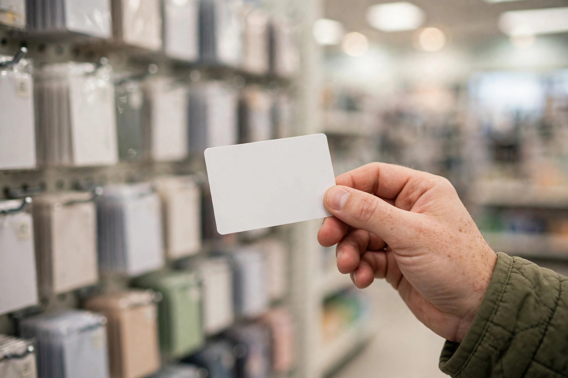 Hand holding a blank gift card in a store in front of a gift card display rack