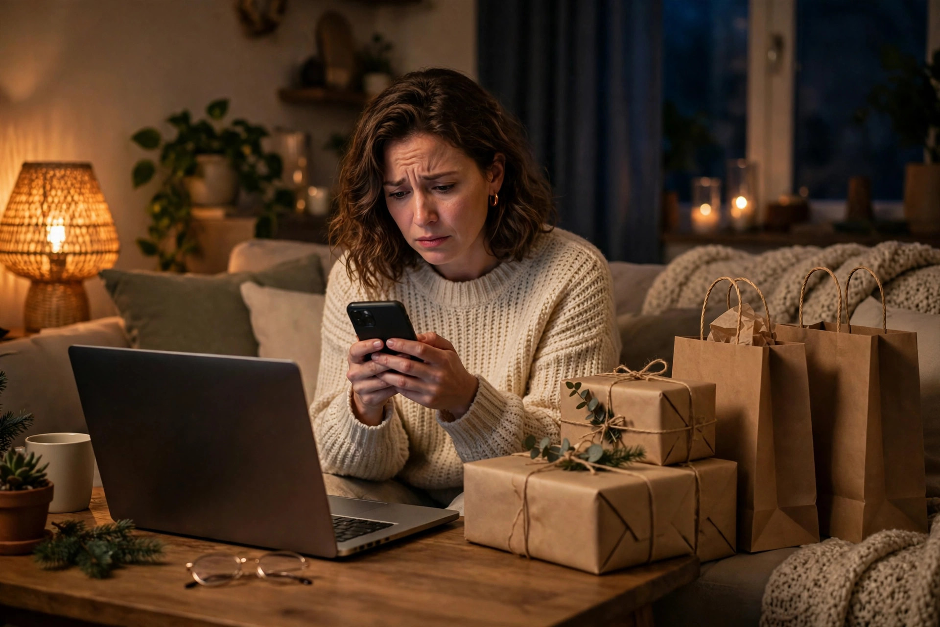 Woman in a cozy living room at night looking worried at her phone, wrapped Christmas gifts and shopping bags beside her, laptop on the coffee table