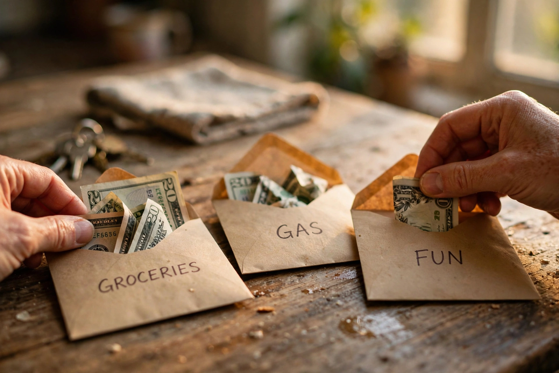 Hands stuffing cash into labeled budget envelopes on a kitchen table