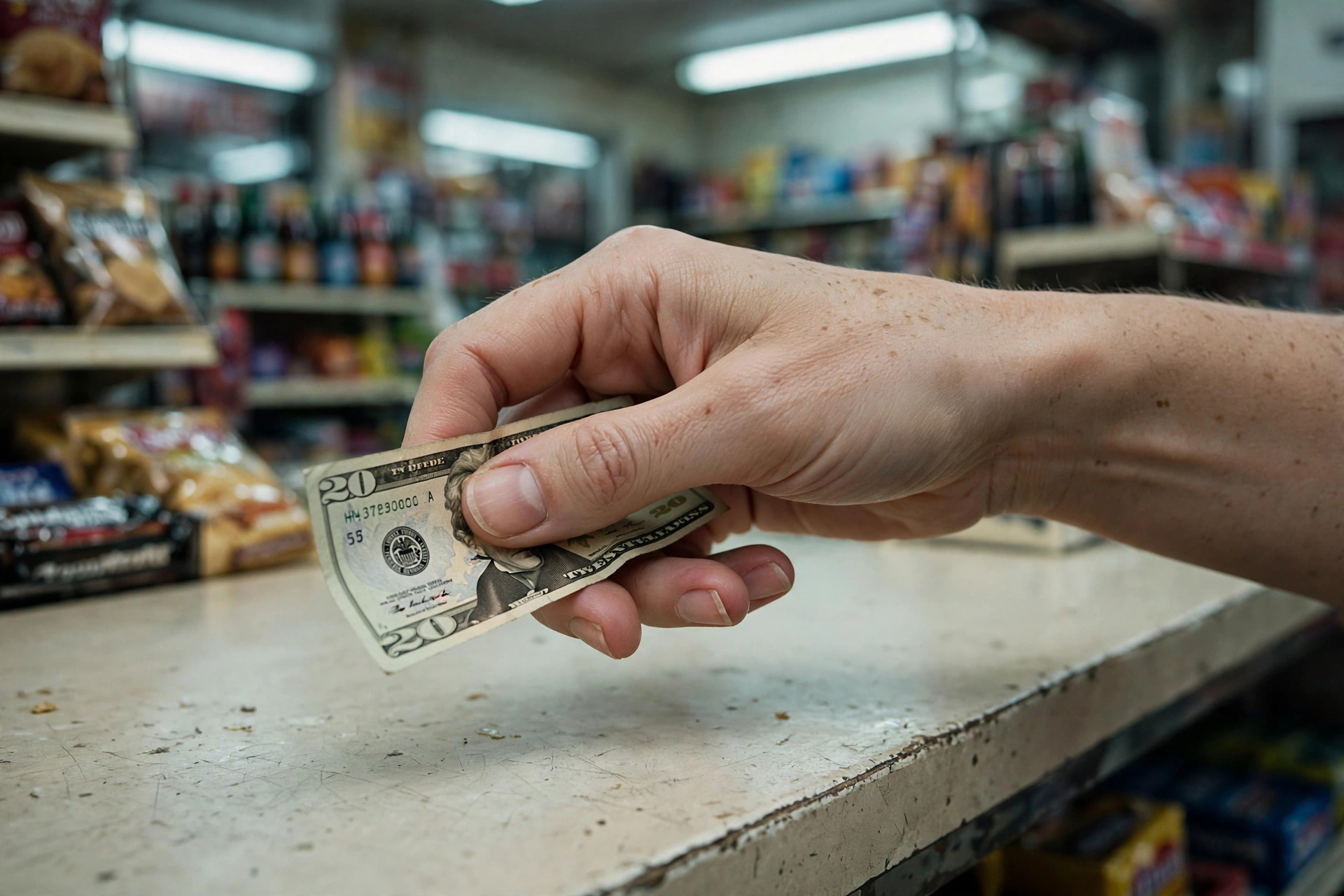 Hand hesitating while paying with a twenty dollar bill at a store counter