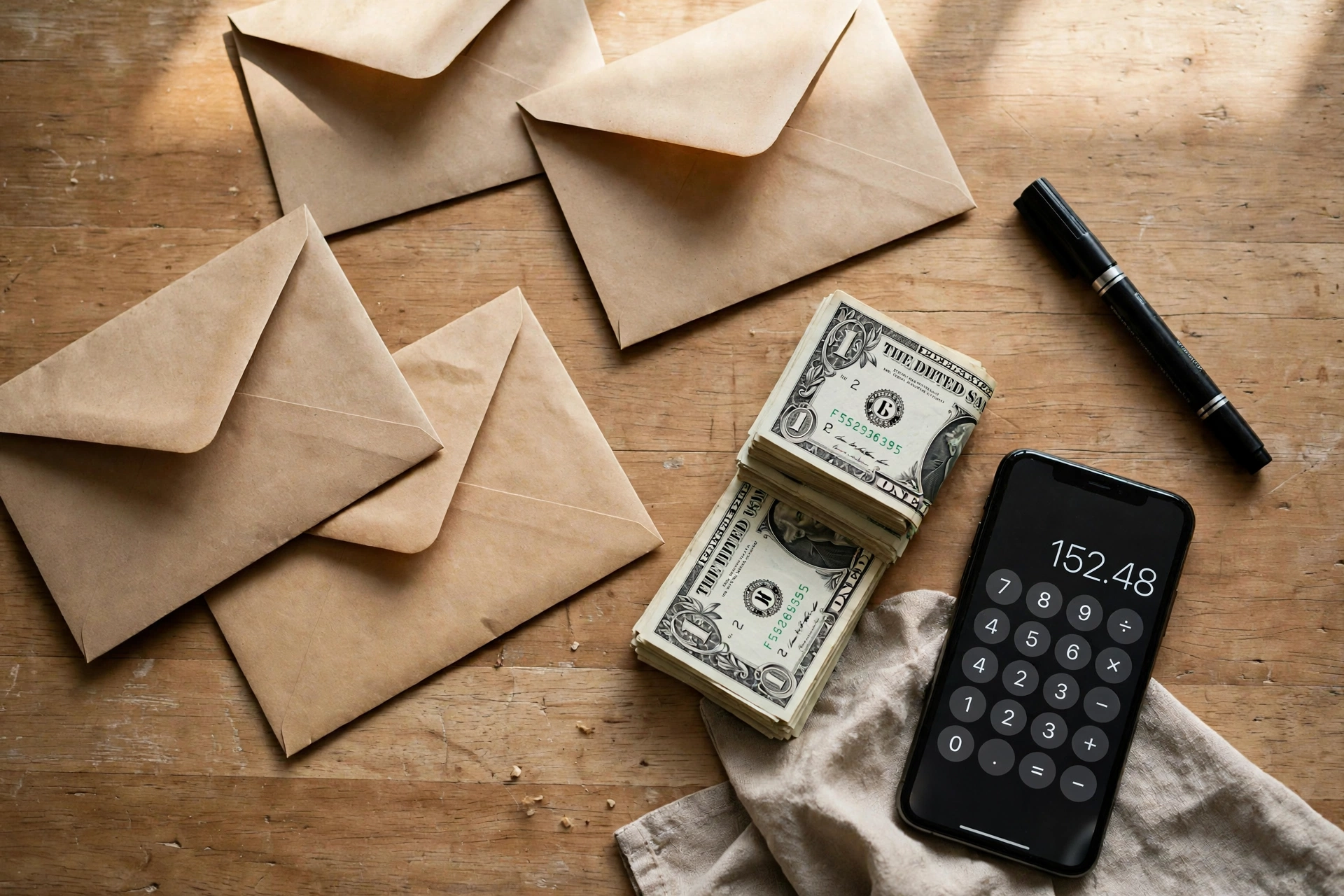Flat lay of cash envelopes, marker, cash and phone calculator on a table