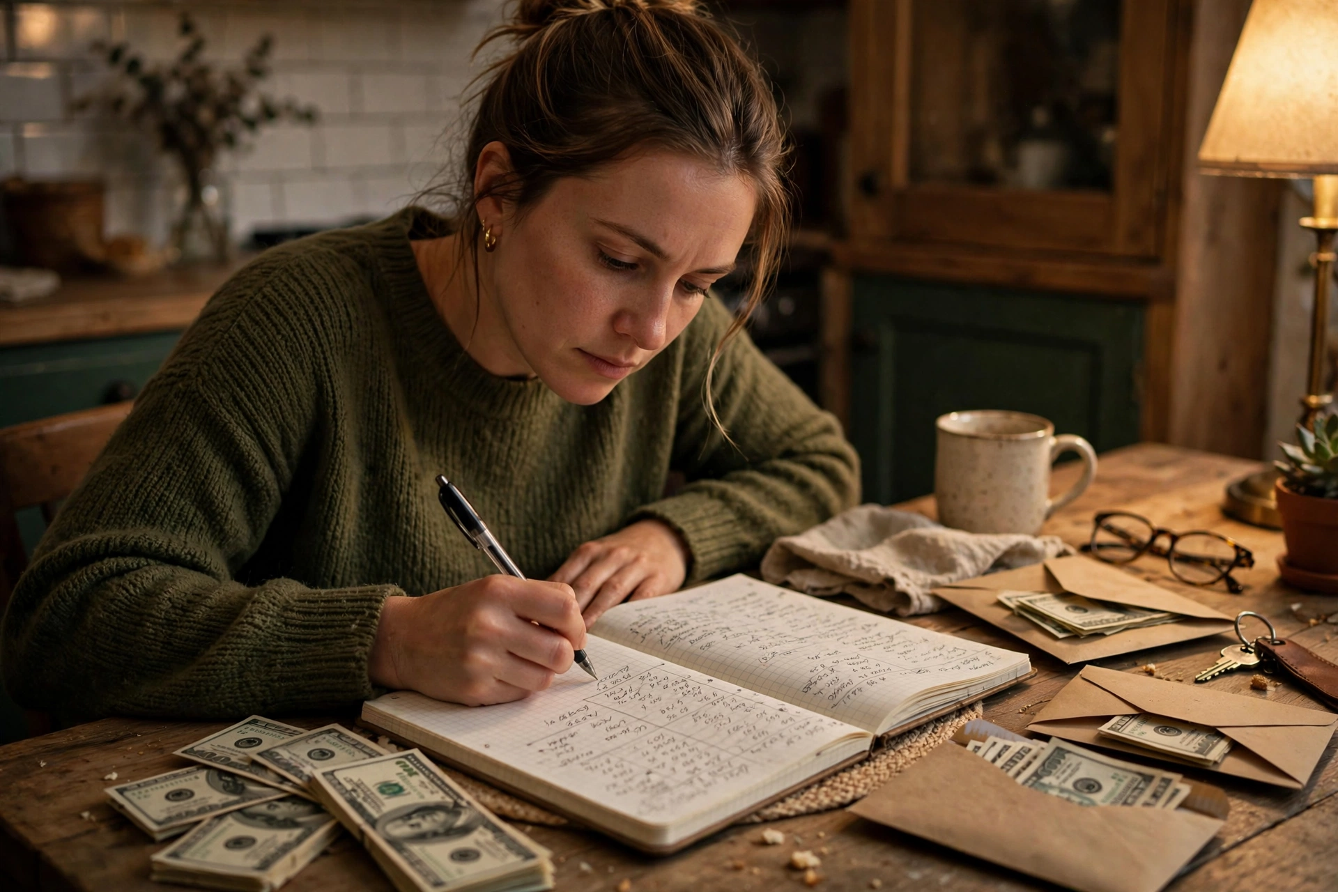 Woman writing monthly budget numbers in a notebook beside cash envelopes