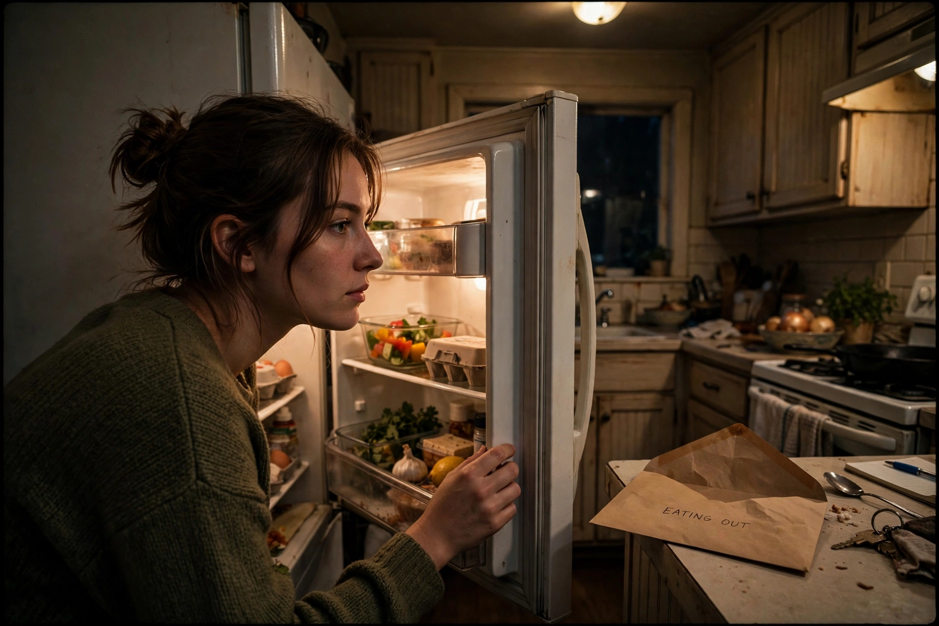 Woman deciding to cook at home instead of ordering takeout at night
