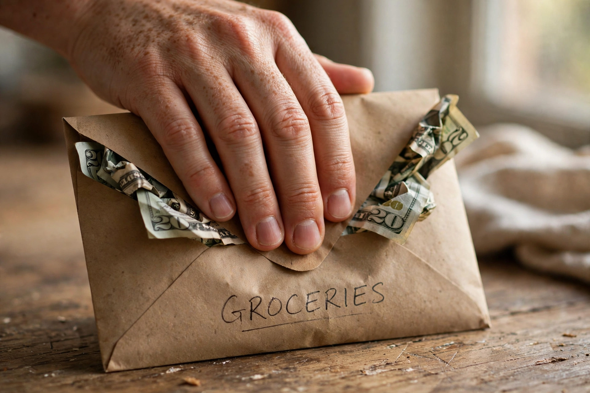 Hand sealing a cash-stuffed envelope labeled groceries