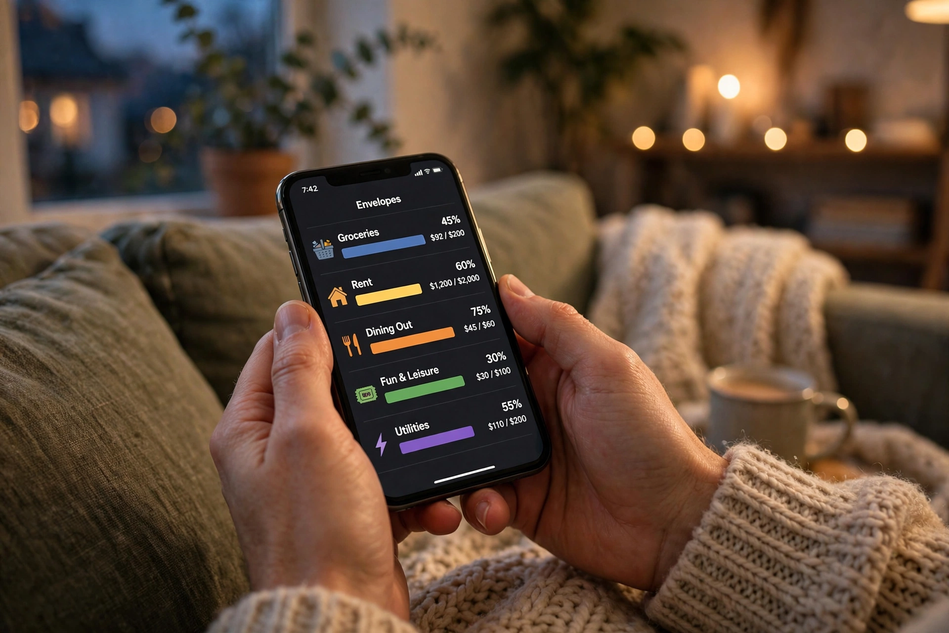 Hands holding a phone showing a digital envelope budgeting app