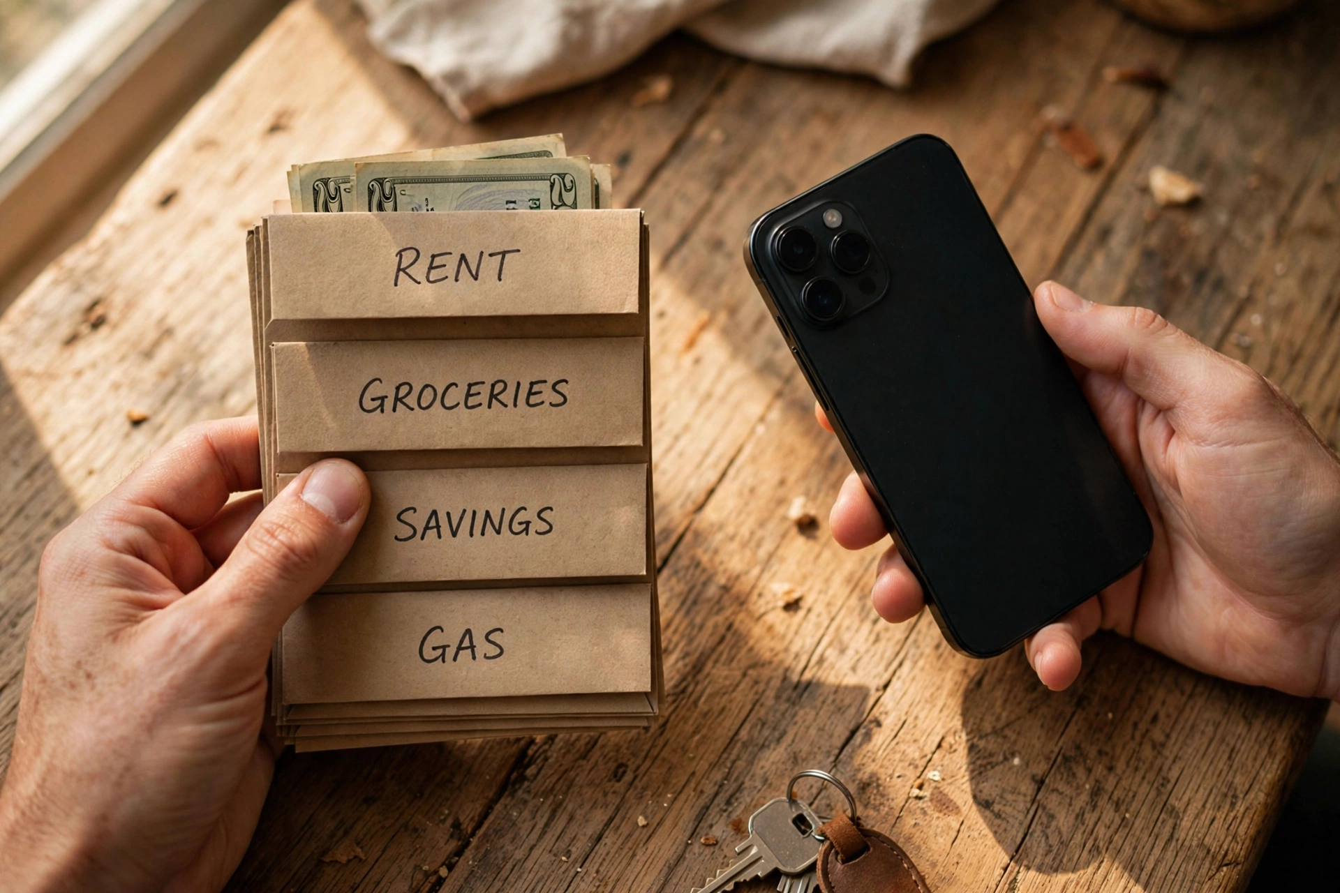 Cash envelopes beside a smartphone showing cash versus digital budgeting