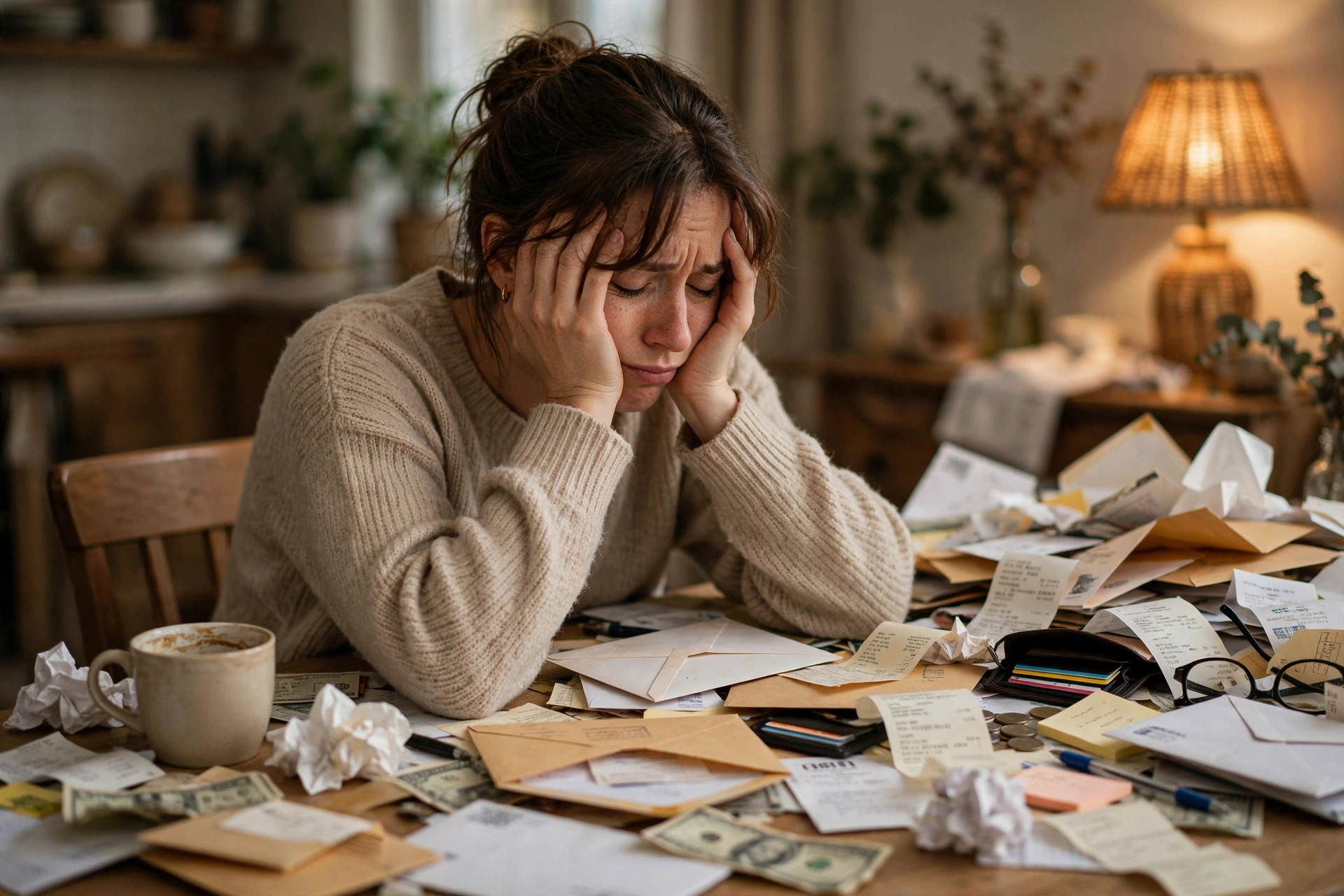 Overwhelmed woman surrounded by too many envelopes and receipts