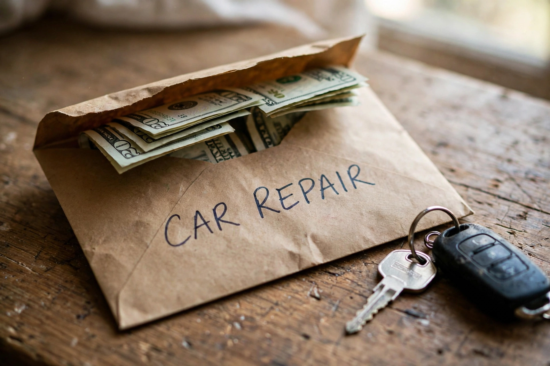 Envelope labeled car repair with cash and car keys beside it
