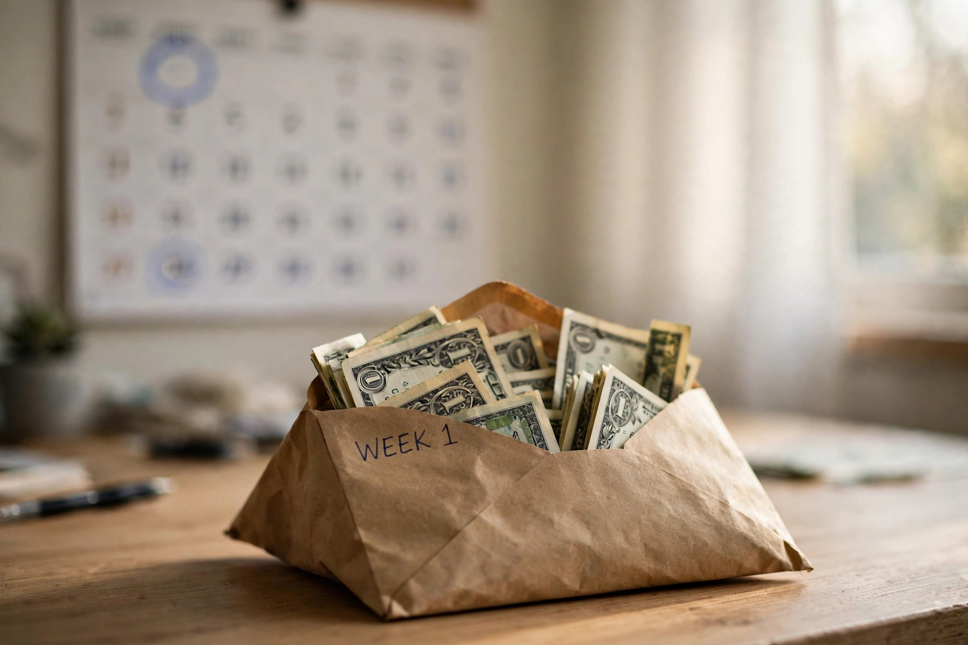 Envelope labeled week 1 with cash in front of a wall calendar