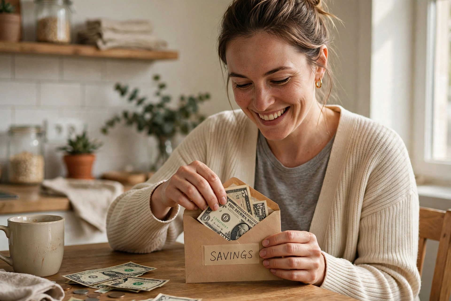 Smiling woman putting leftover cash into a savings envelope
