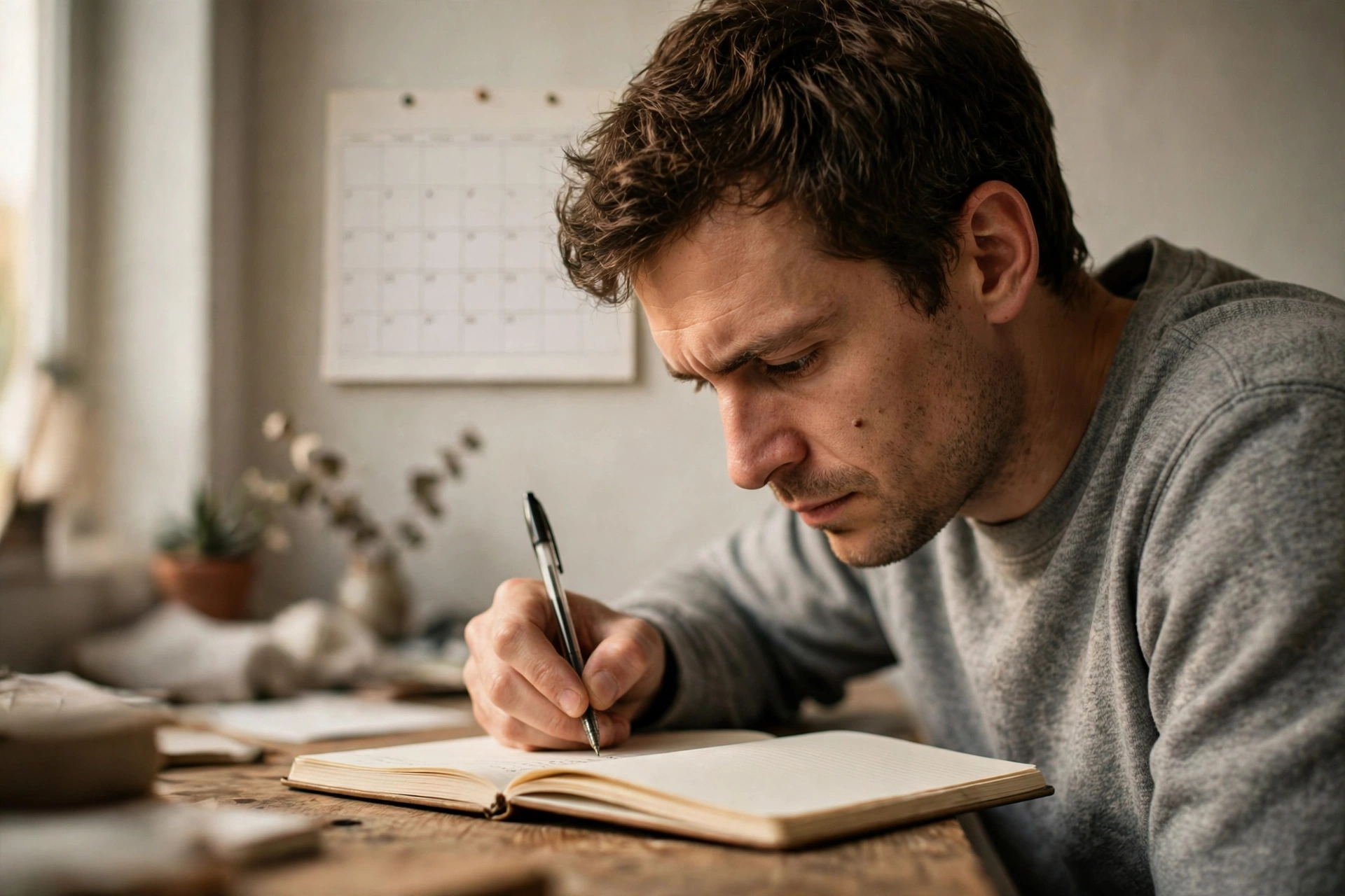 Man writing savings goals in a notebook at his desk in morning light