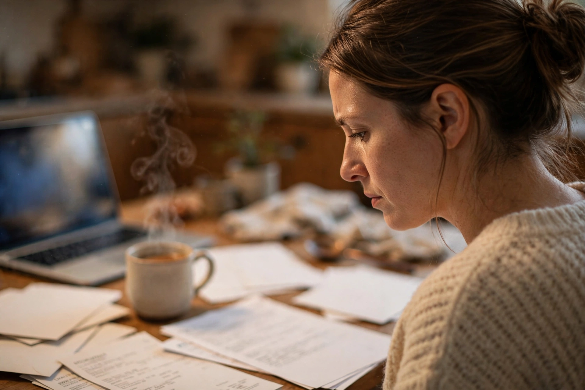 Woman reviewing bills and bank statements at her kitchen table