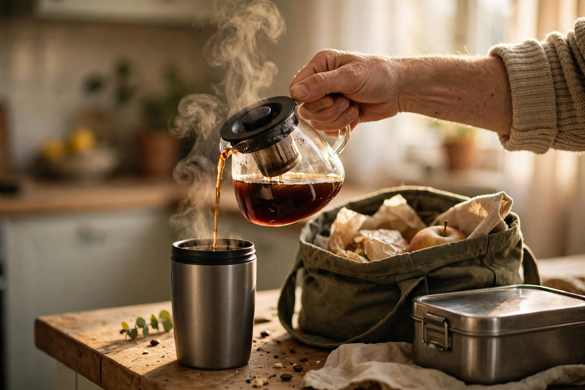 Pouring home-brewed coffee into a travel mug with packed lunch ready