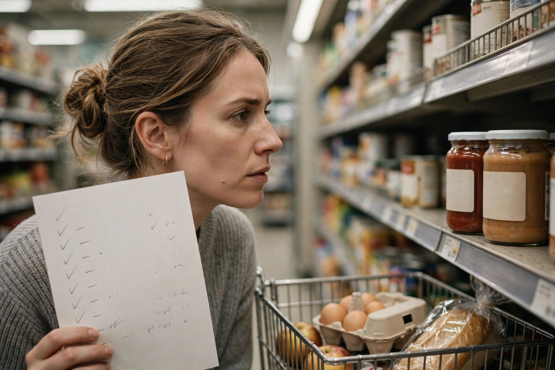 Woman comparing prices in a grocery aisle with a shopping list